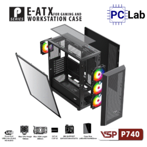 Vỏ case PC máy tính VSP P740 (E-ATX, Full Tower, Đen)