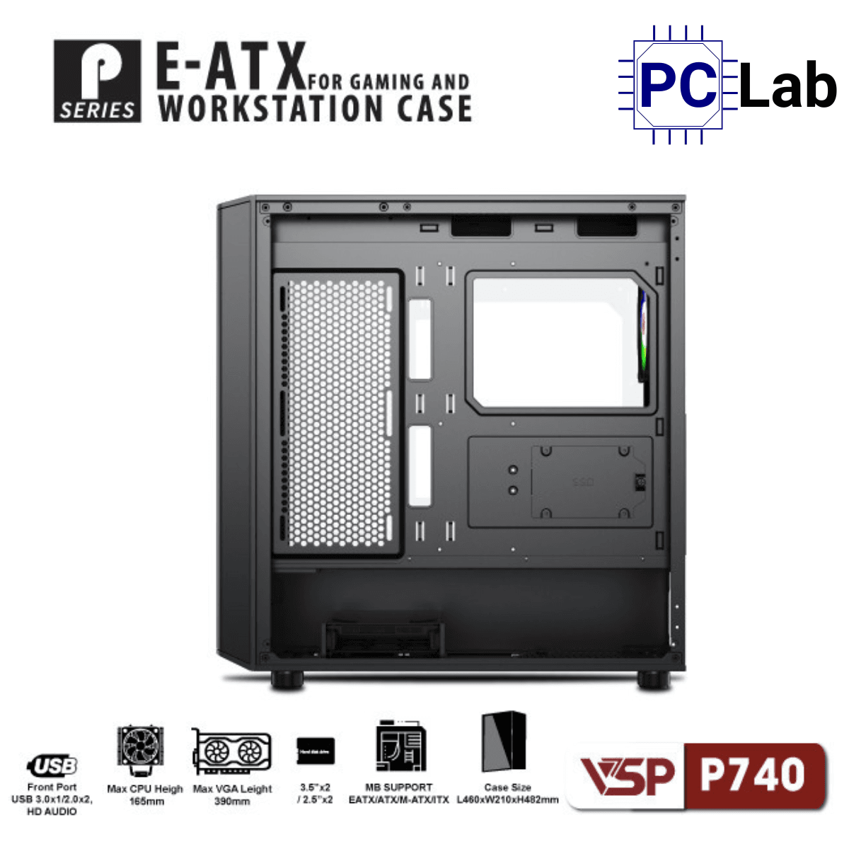 Vỏ case PC máy tính VSP P740 (E-ATX, Full Tower, Đen)