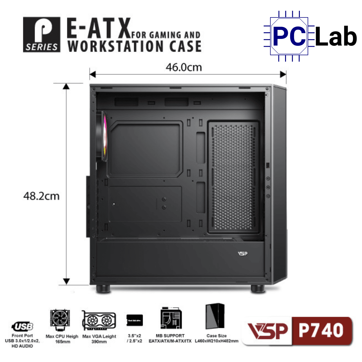 Vỏ case PC máy tính VSP P740 (E-ATX, Full Tower, Đen)