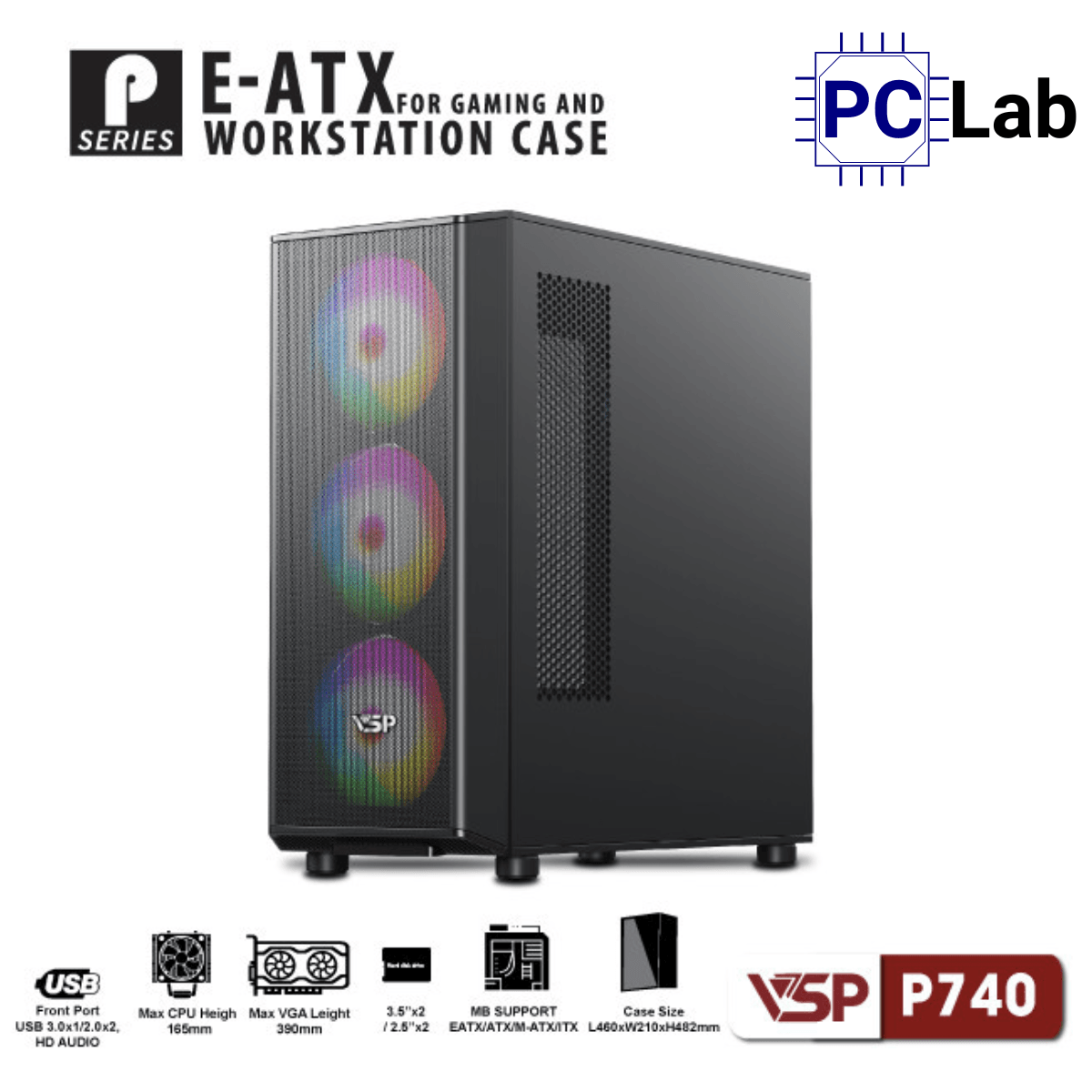Vỏ case PC máy tính VSP P740 (E-ATX, Full Tower, Đen)