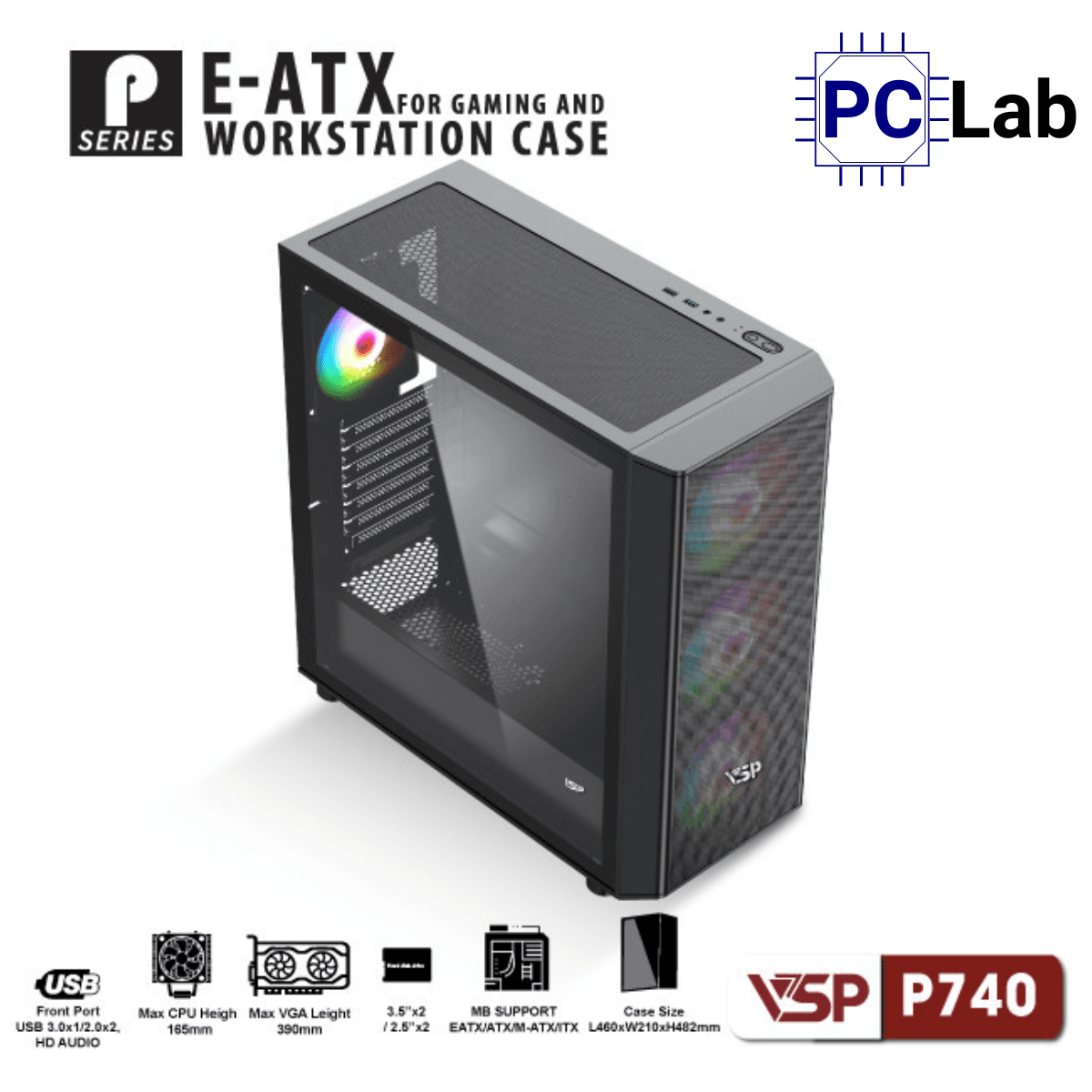 Vỏ case PC máy tính VSP P740 (E-ATX, Full Tower, Đen)