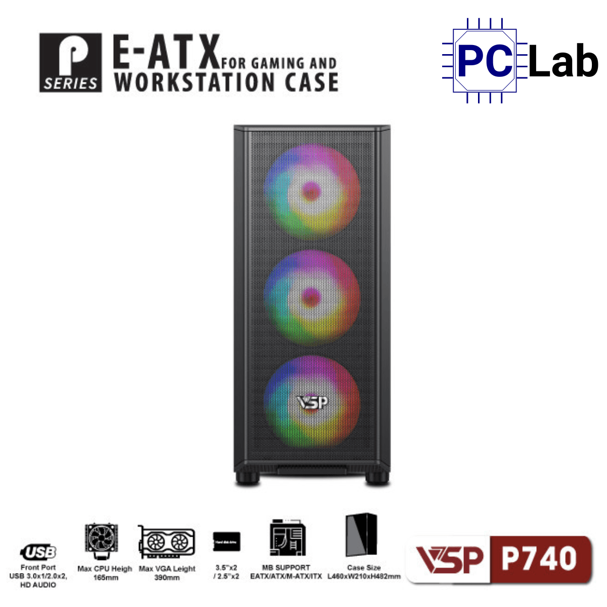 Vỏ case PC máy tính VSP P740 (E-ATX, Full Tower, Đen)