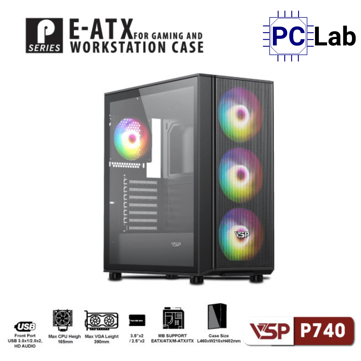 Vỏ case PC máy tính VSP P740 (E-ATX, Full Tower, Đen)