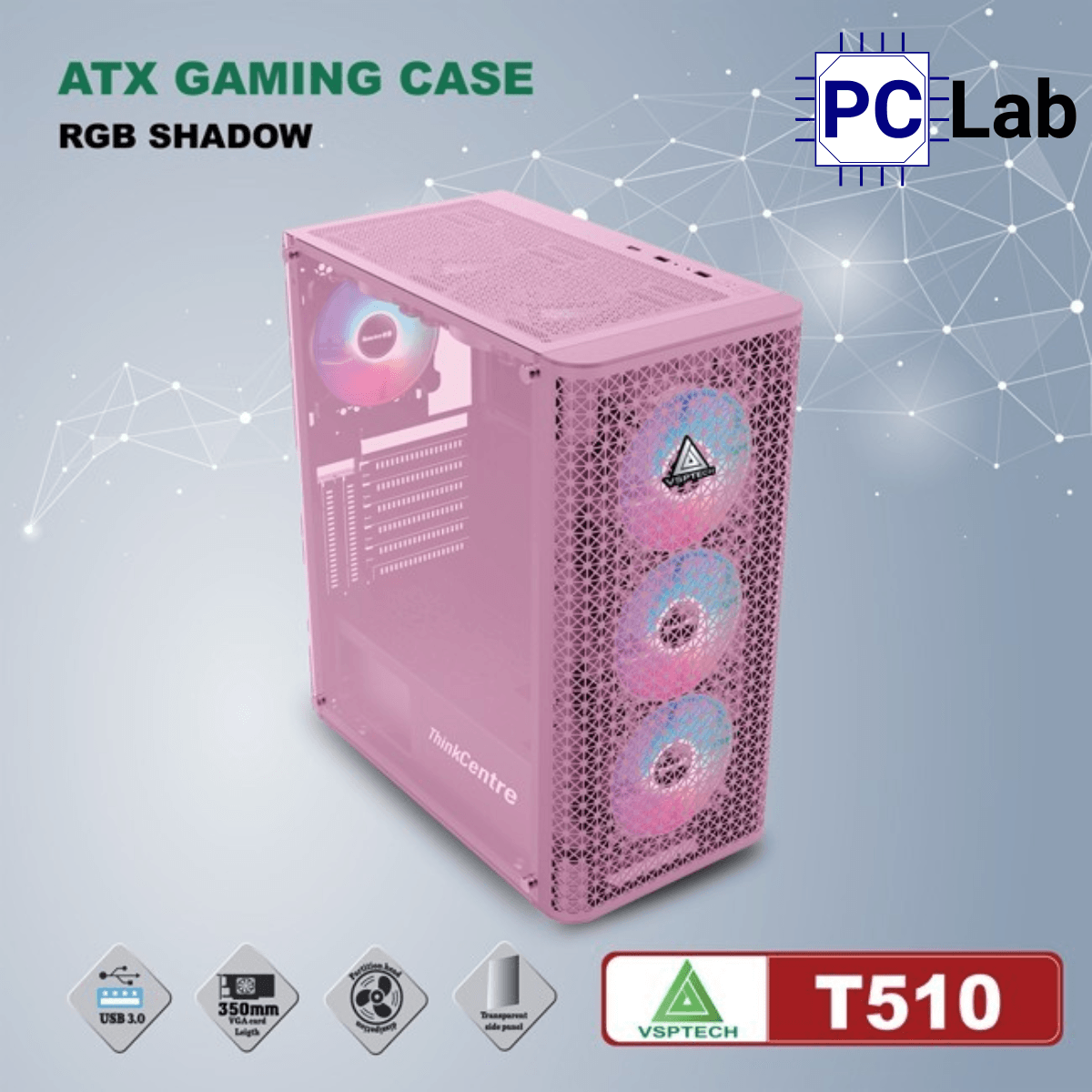 Vỏ case PC máy tính VSP T510 (ATX, Mid Tower, Đen/Hồng)