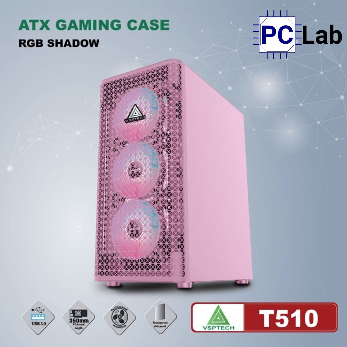 Vỏ case PC máy tính VSP T510 (ATX, Mid Tower, Đen/Hồng)