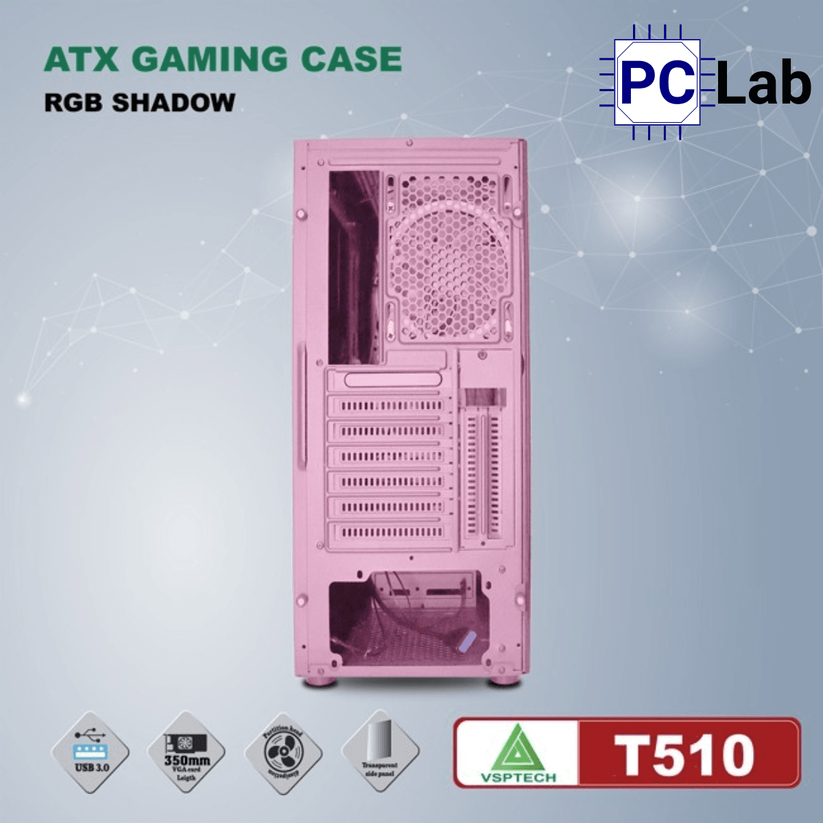 Vỏ case PC máy tính VSP T510 (ATX, Mid Tower, Đen/Hồng)