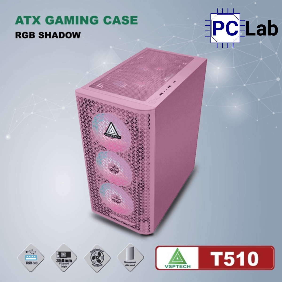 Vỏ case PC máy tính VSP T510 (ATX, Mid Tower, Đen/Hồng)