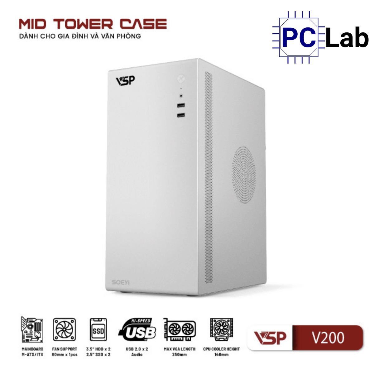 Vỏ case PC máy tính VSP V200 (M-ATX, Mid Tower, Trắng/Đen)