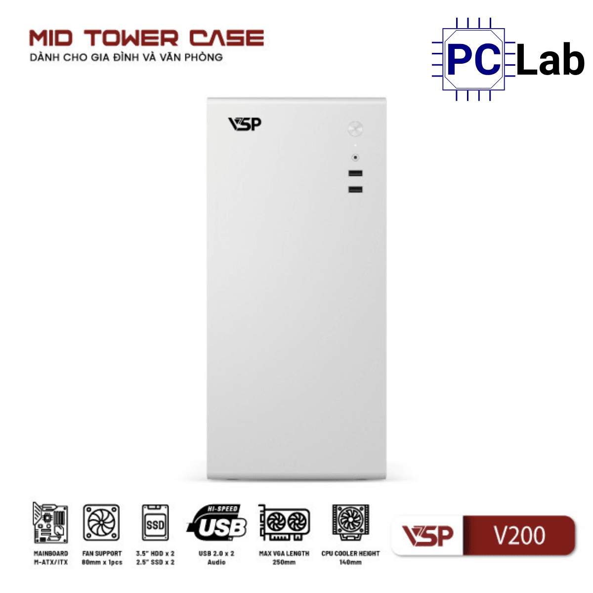 Vỏ case PC máy tính VSP V200 (M-ATX, Mid Tower, Trắng/Đen)