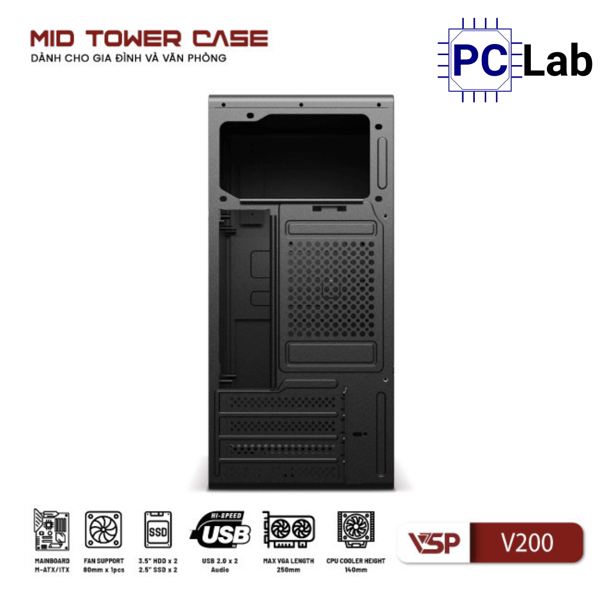Vỏ case PC máy tính VSP V200 (M-ATX, Mid Tower, Trắng/Đen)