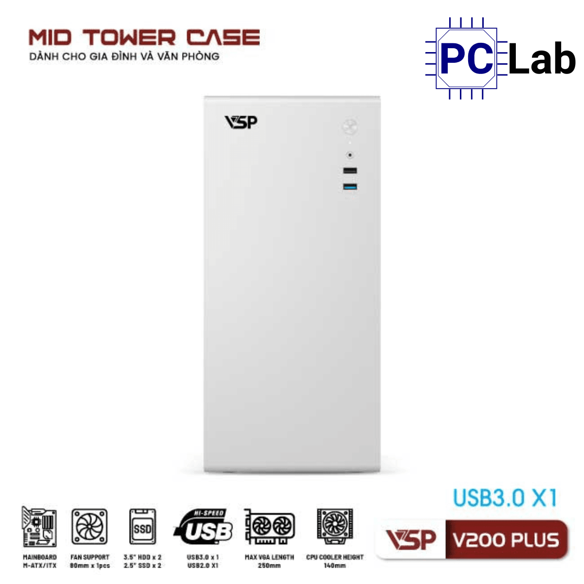 Vỏ case PC máy tính VSP V200 Plus (ATX, Mid Tower, Trắng/Đen)