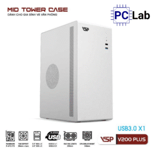Vỏ case PC máy tính VSP V200 Plus (ATX, Mid Tower, Trắng/Đen)