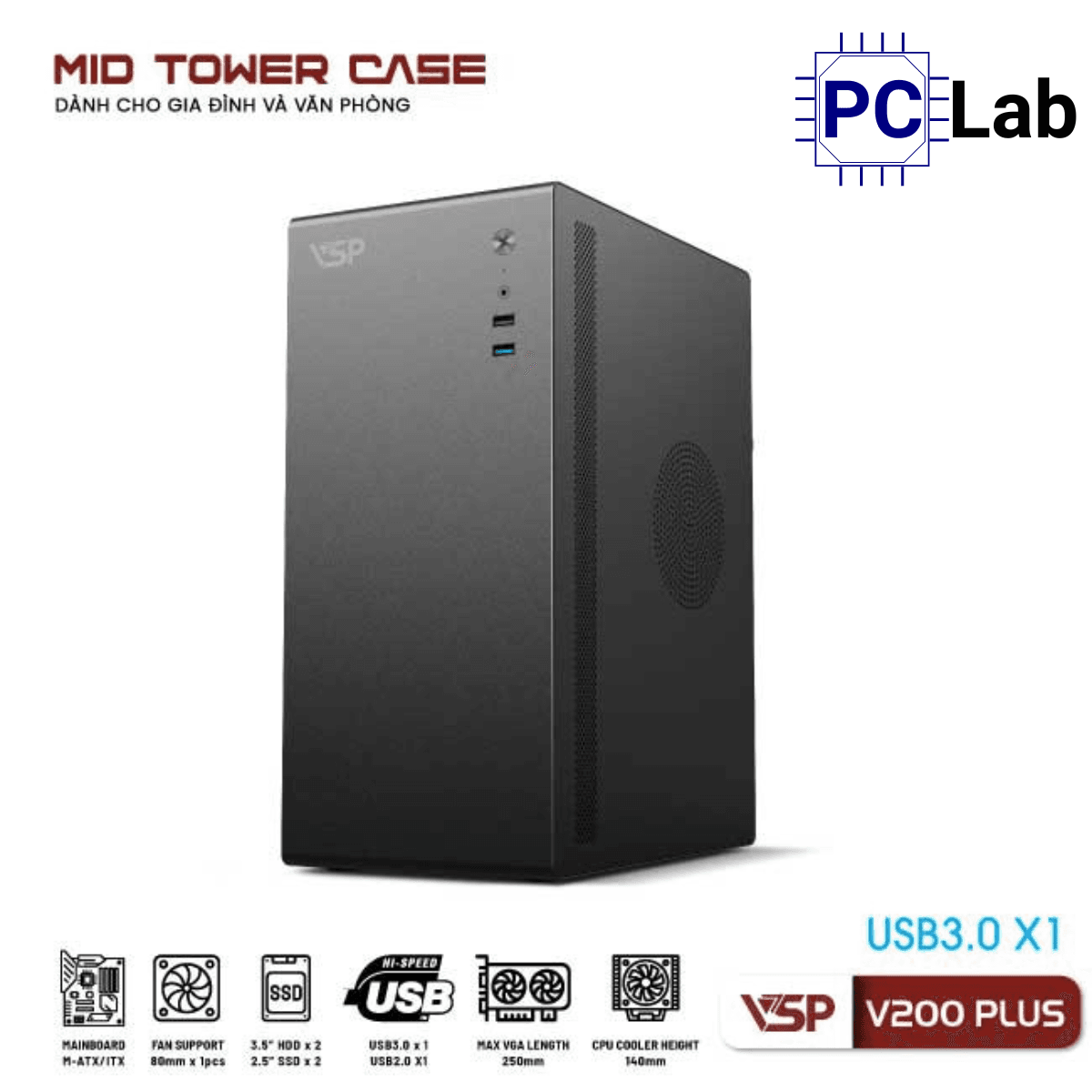 Vỏ case PC máy tính VSP V200 Plus (ATX, Mid Tower, Trắng/Đen)