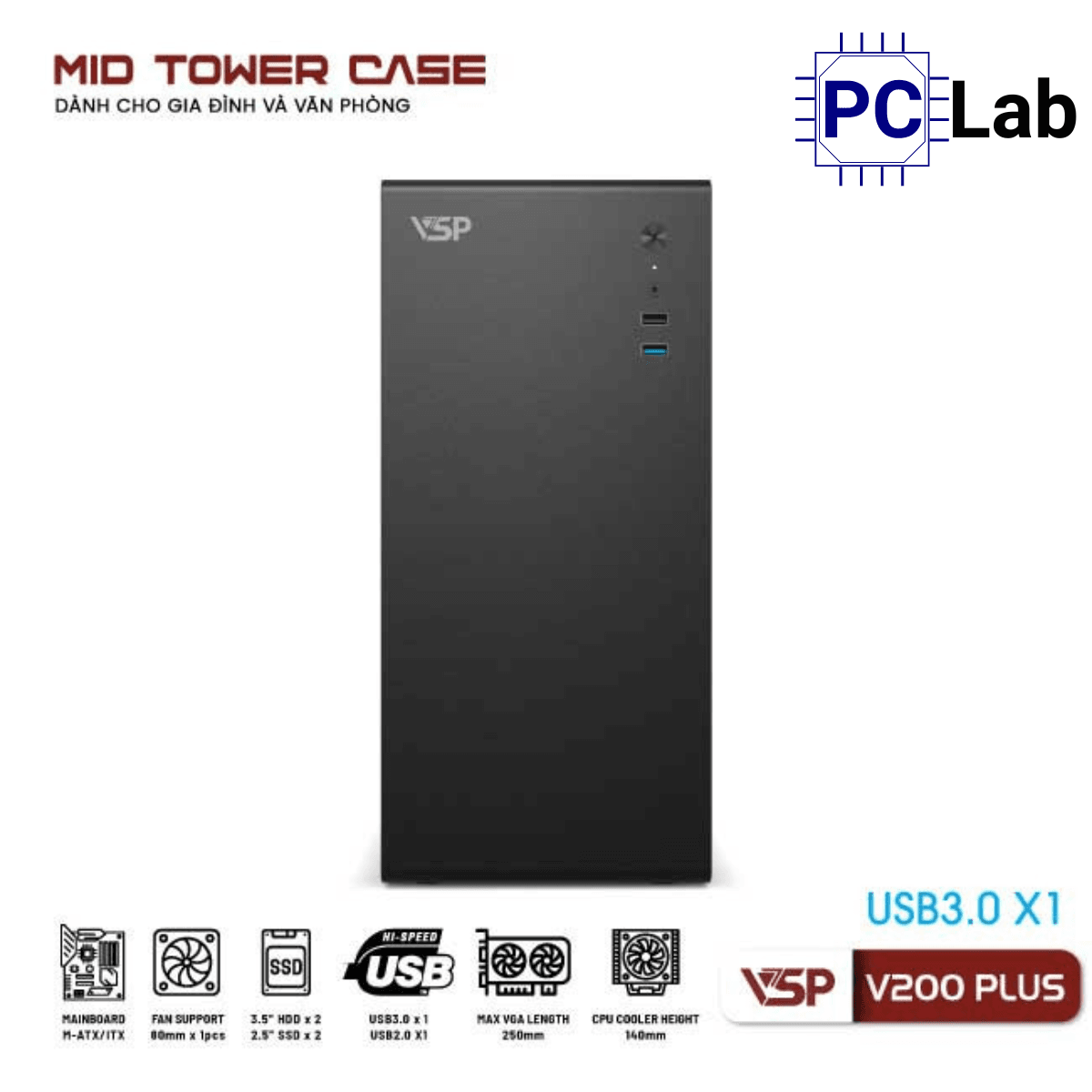 Vỏ case PC máy tính VSP V200 Plus (ATX, Mid Tower, Trắng/Đen)