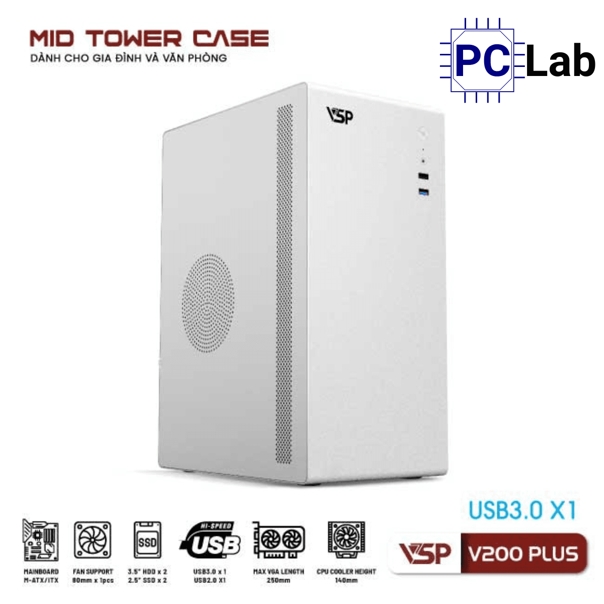 Vỏ case PC máy tính VSP V200 Plus (ATX, Mid Tower, Trắng/Đen)