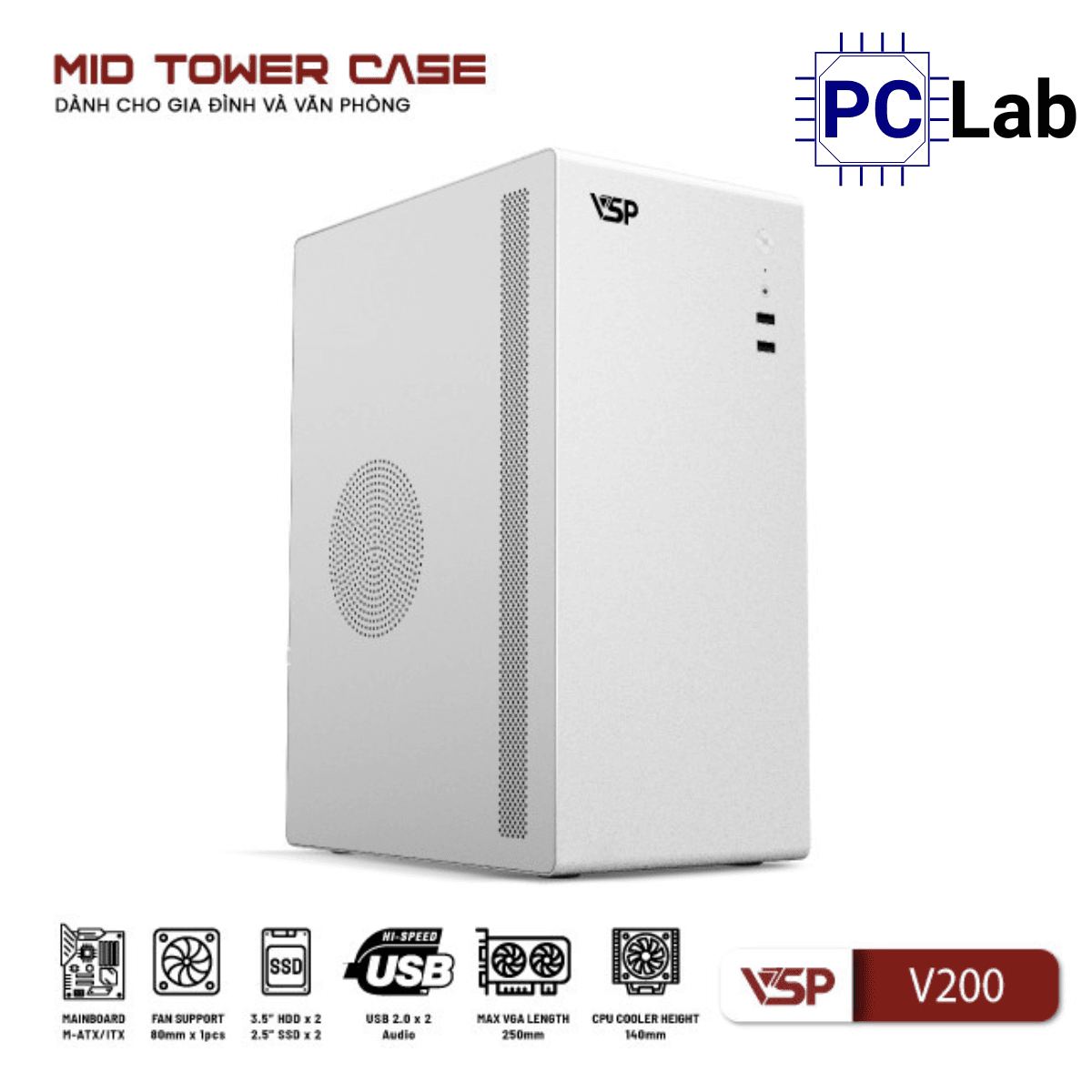 Vỏ case PC máy tính VSP V200 (M-ATX, Mid Tower, Trắng/Đen)