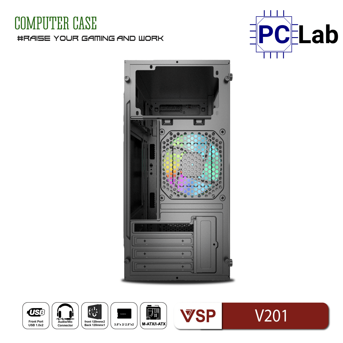 Vỏ case PC máy tính VSP V201 (M-ATX, Mid Tower, Đen)
