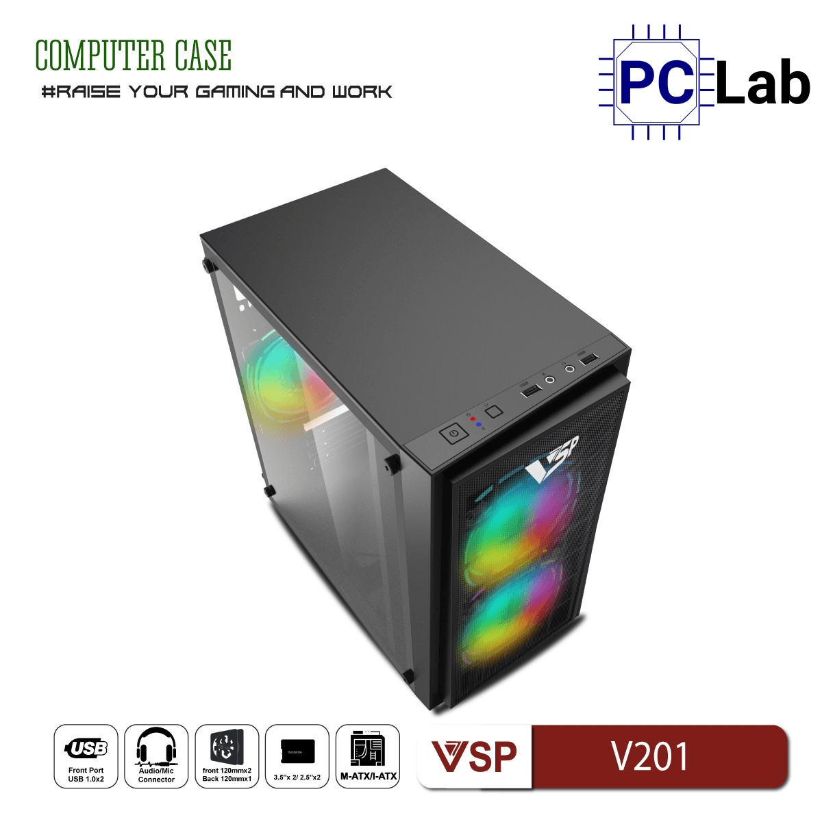 Vỏ case PC máy tính VSP V201 (M-ATX, Mid Tower, Đen)