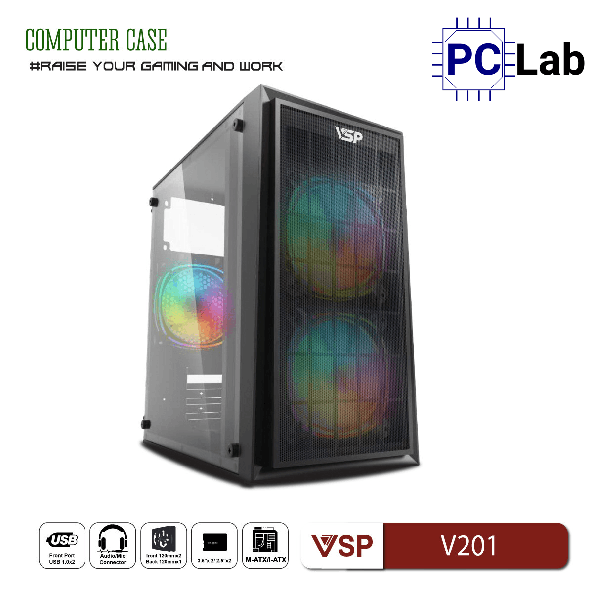 Vỏ case PC máy tính VSP V201 (M-ATX, Mid Tower, Đen)