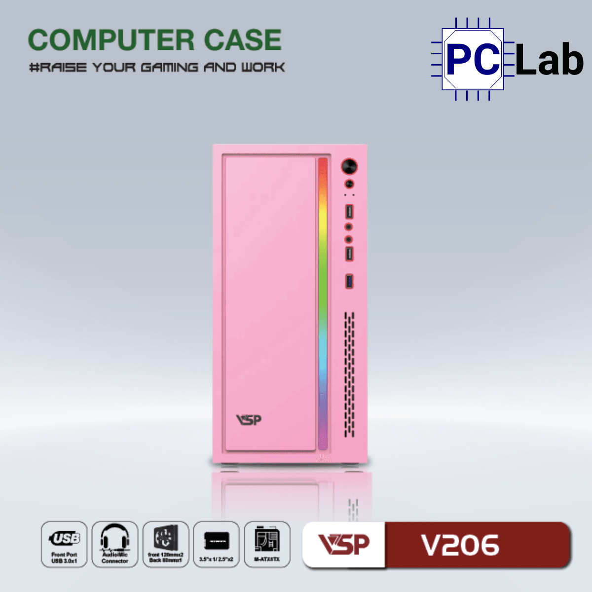 Vỏ case PC máy tính VSP V206 (M-ATX, Mid Tower, Trắng/Đen/Hồng)