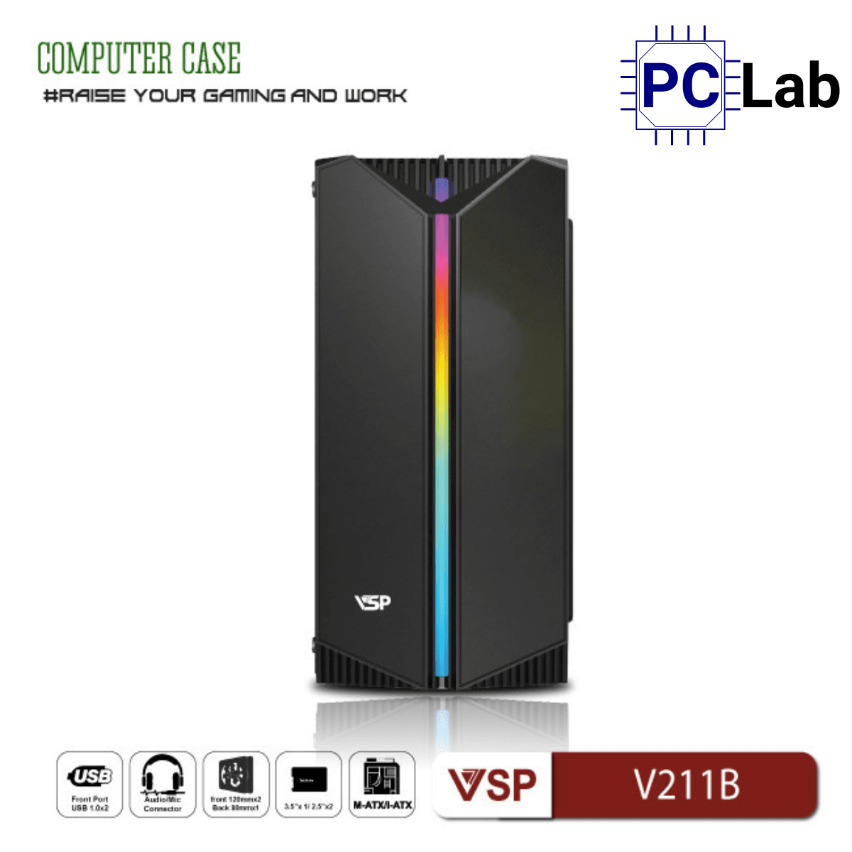 Vỏ case PC máy tính VSP V211B (M-ATX, Mid Tower, Đen)