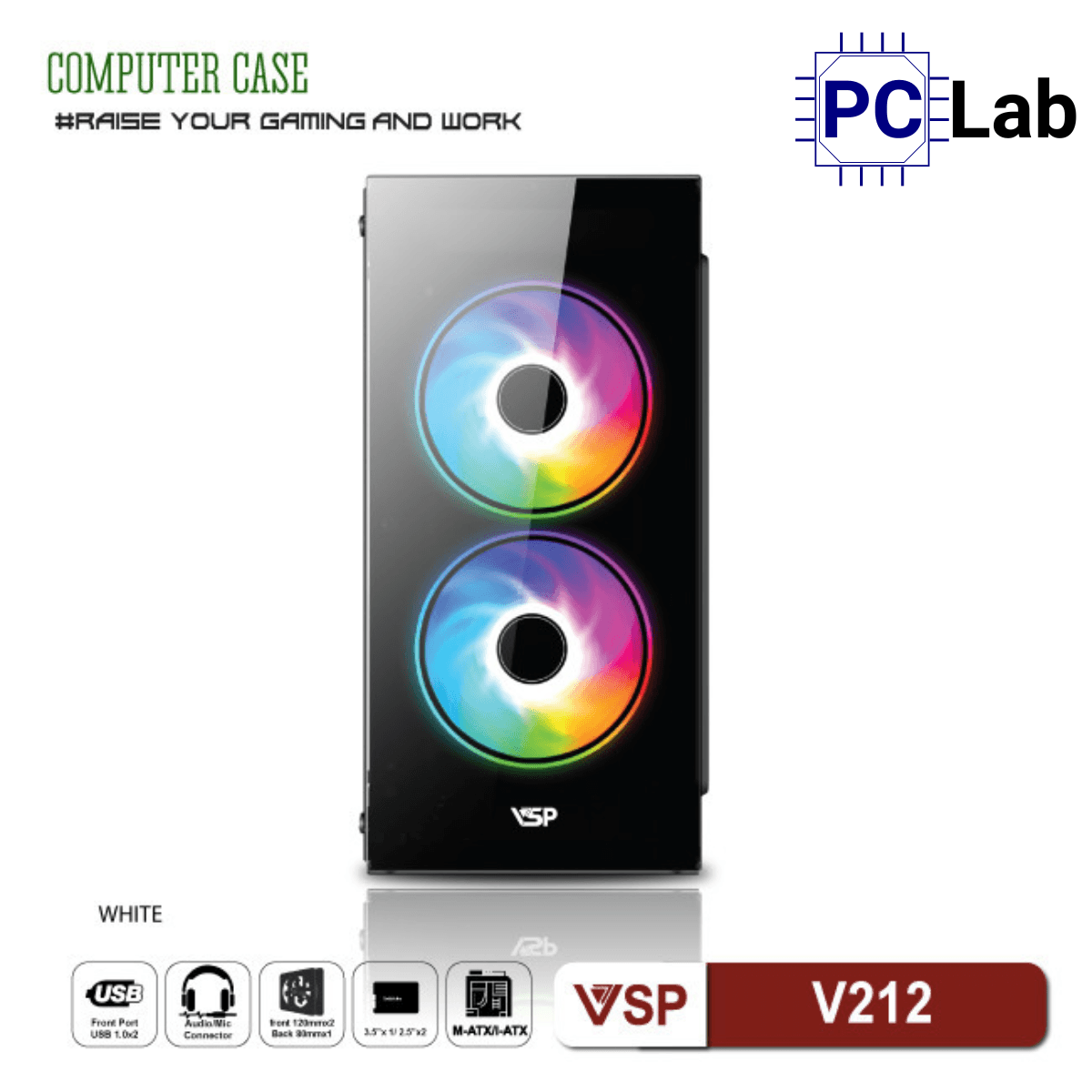 Vỏ case PC máy tính VSP V212 (M-ATX, Mid Tower, Trắng/Đen/Hồng/Xanh)