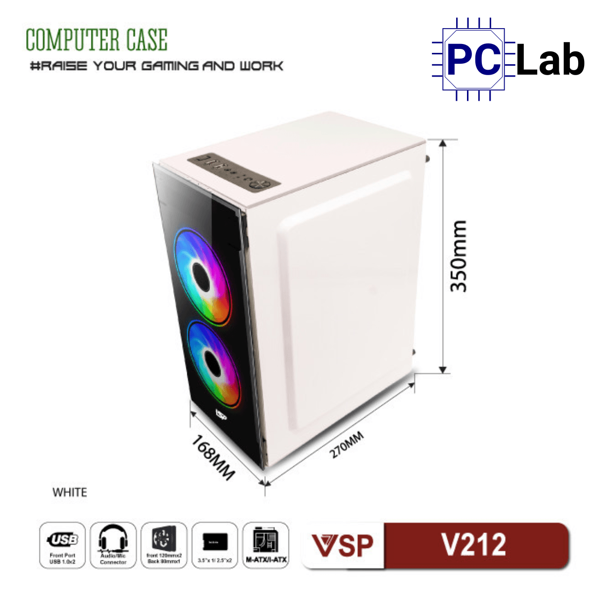 Vỏ case PC máy tính VSP V212 (M-ATX, Mid Tower, Trắng/Đen/Hồng/Xanh)