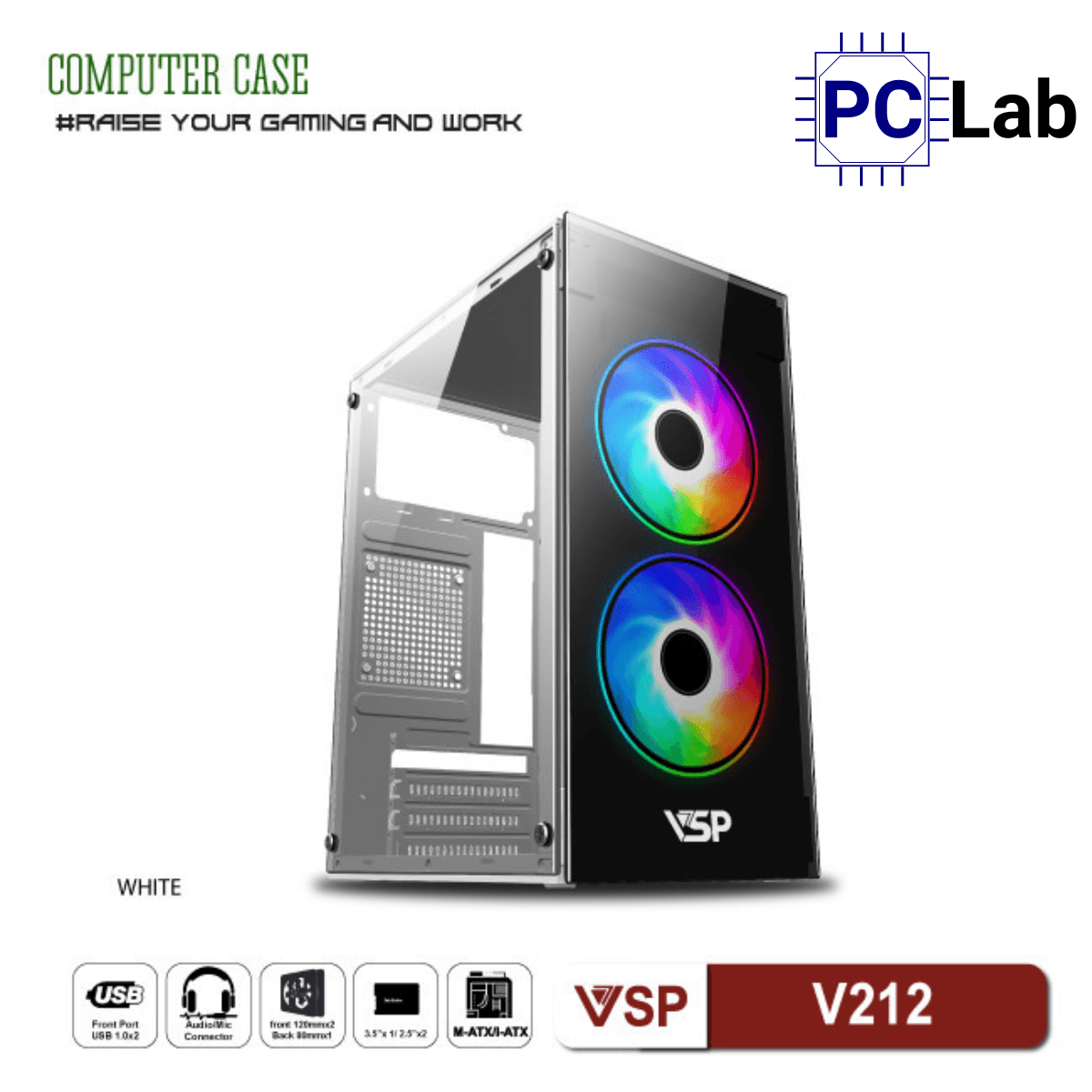 Vỏ case PC máy tính VSP V212 (M-ATX, Mid Tower, Trắng/Đen/Hồng/Xanh)