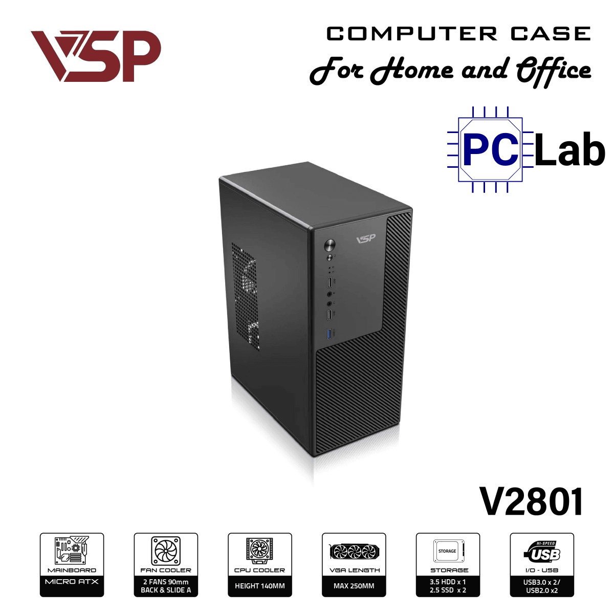 Vỏ case PC máy tính VSP V2801 (M-ATX, Mid Tower, Đen)