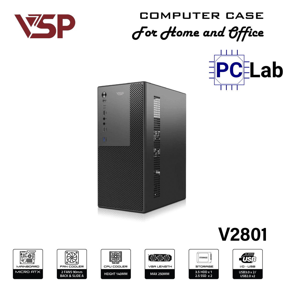 Vỏ case PC máy tính VSP V2801 (M-ATX, Mid Tower, Đen)