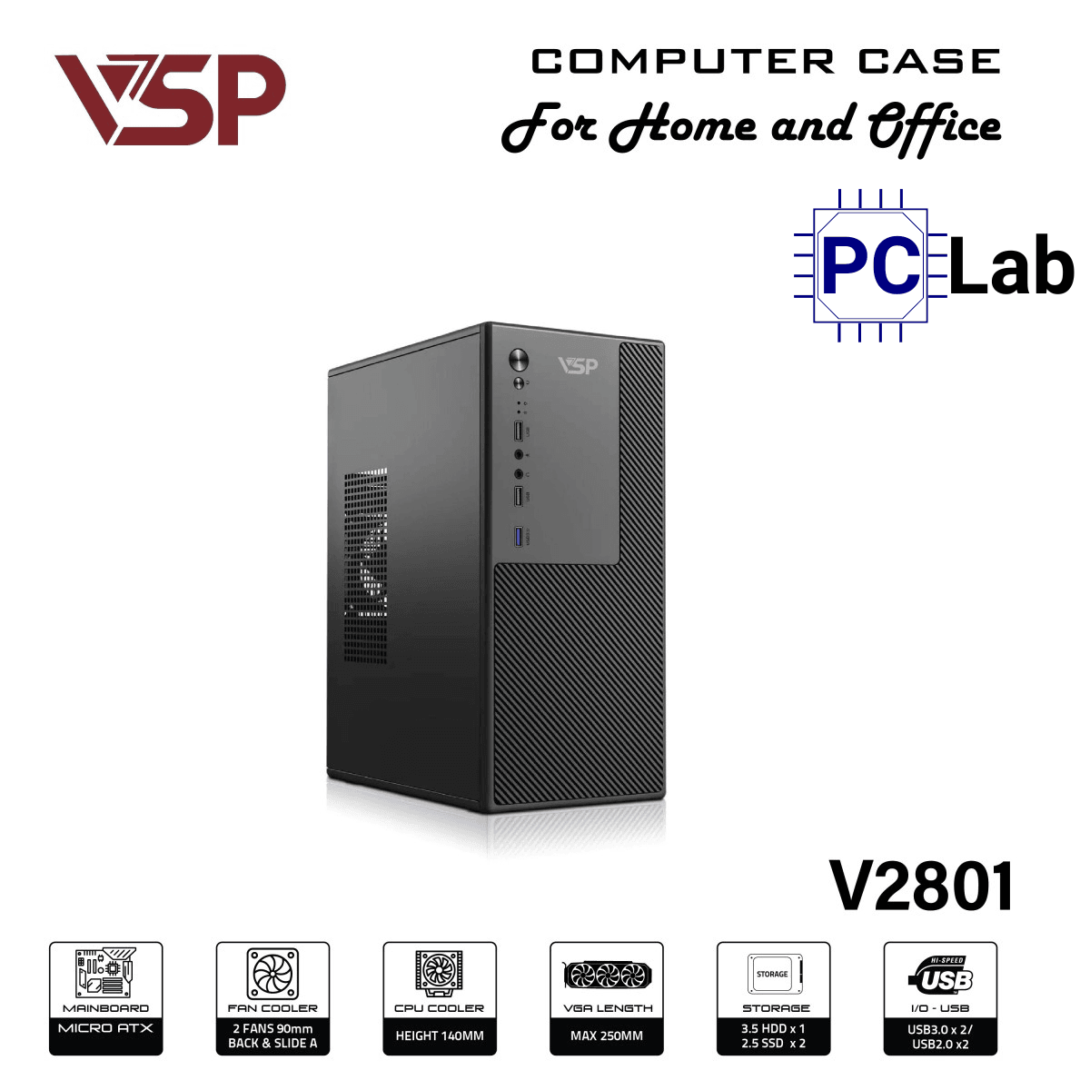 Vỏ case PC máy tính VSP V2801 (M-ATX, Mid Tower, Đen)