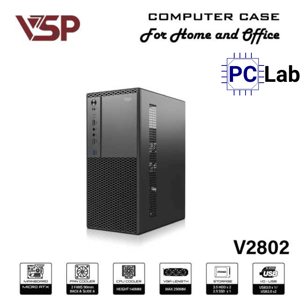 Vỏ case PC máy tính VSP V2802 (M-ATX, Mid Tower, Đen)