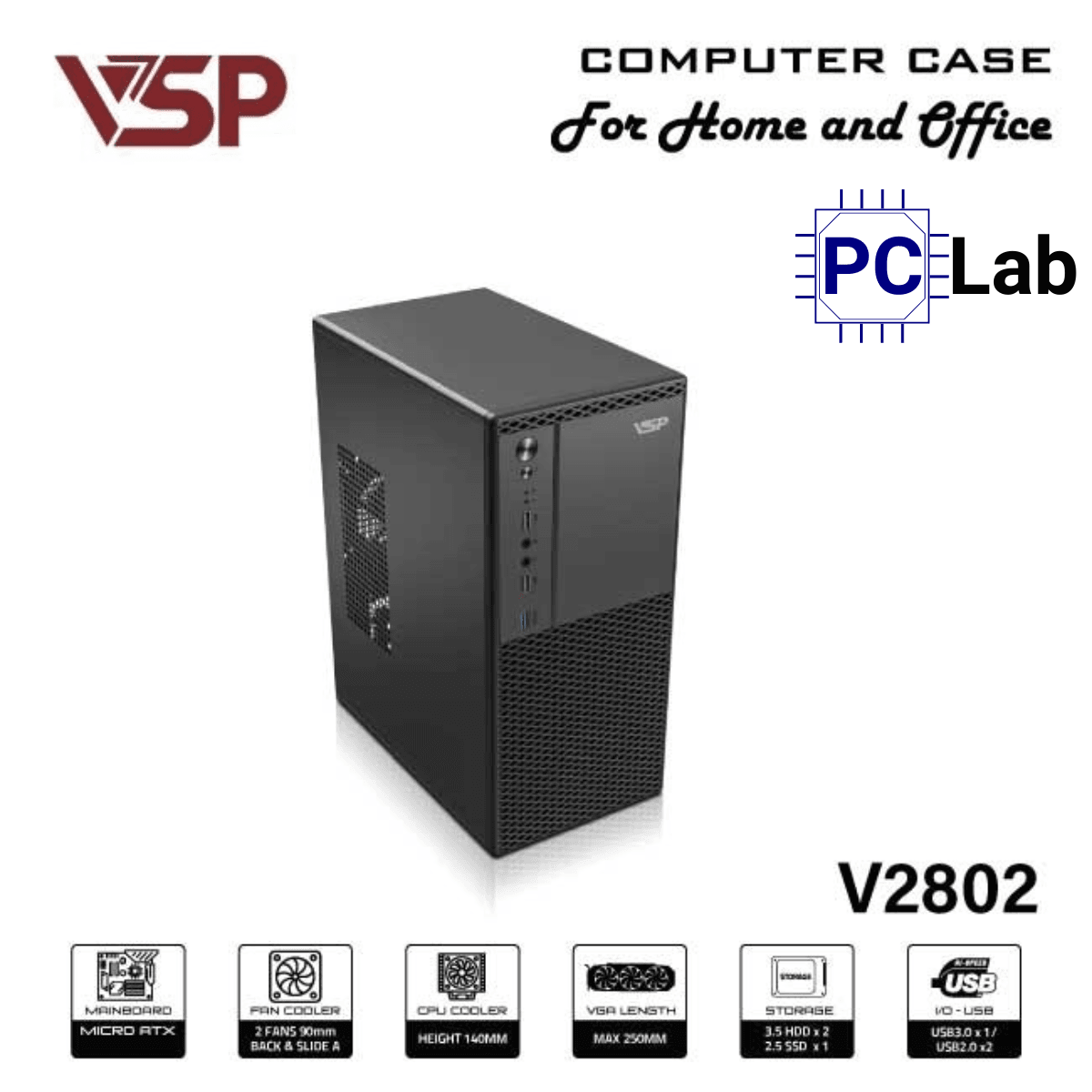 Vỏ case PC máy tính VSP V2802 (M-ATX, Mid Tower, Đen)