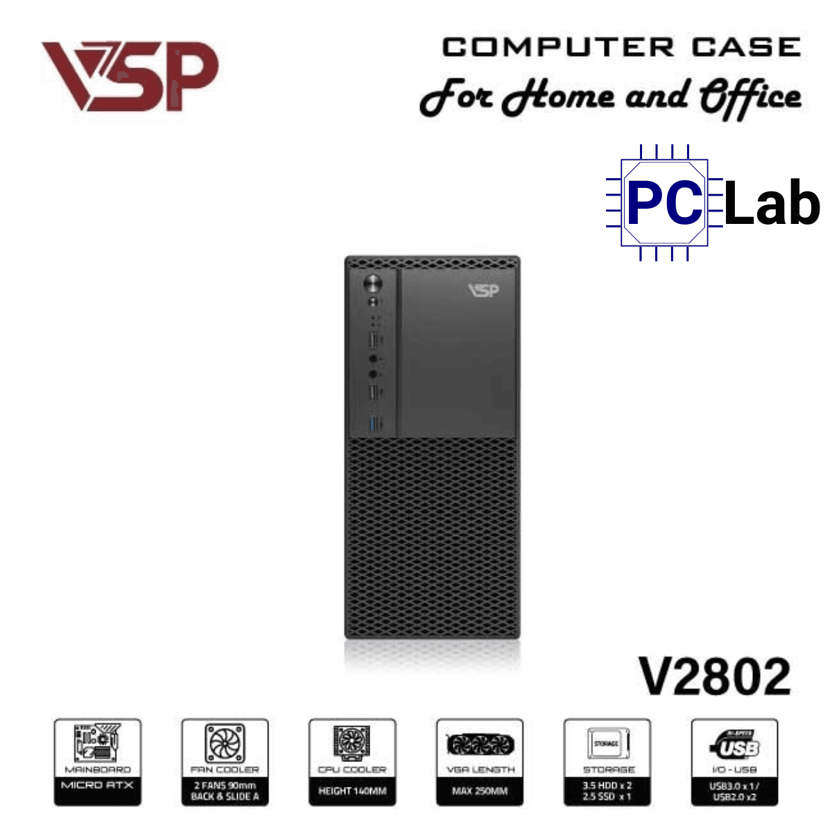Vỏ case PC máy tính VSP V2802 (M-ATX, Mid Tower, Đen)