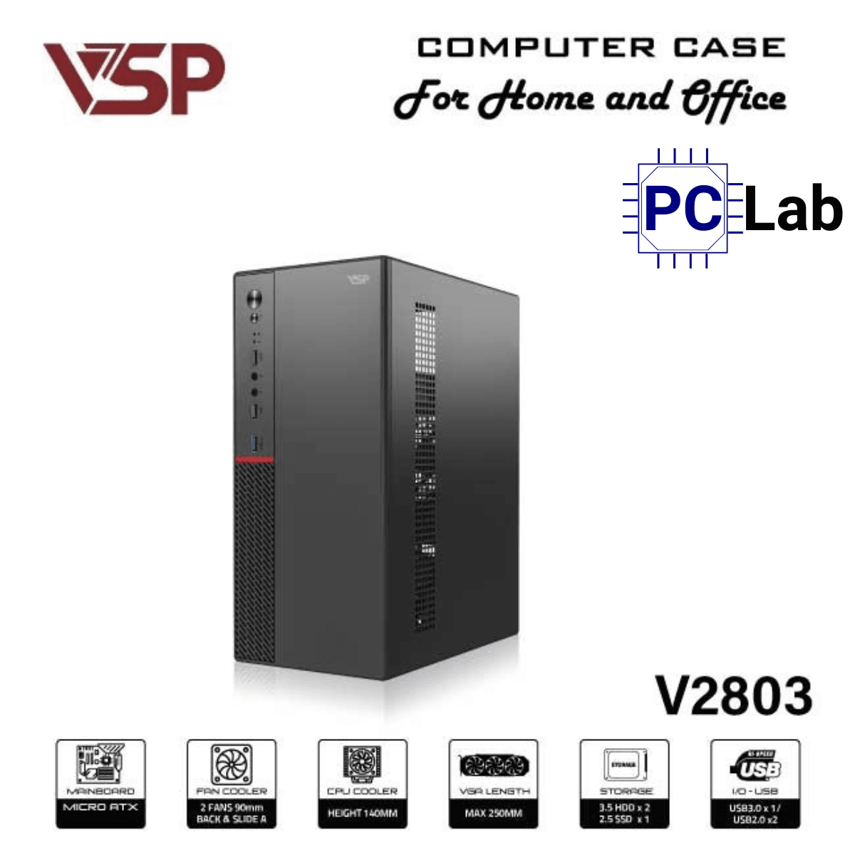 Vỏ case PC máy tính VSP V2803 (M-ATX, Mid Tower, Đen)