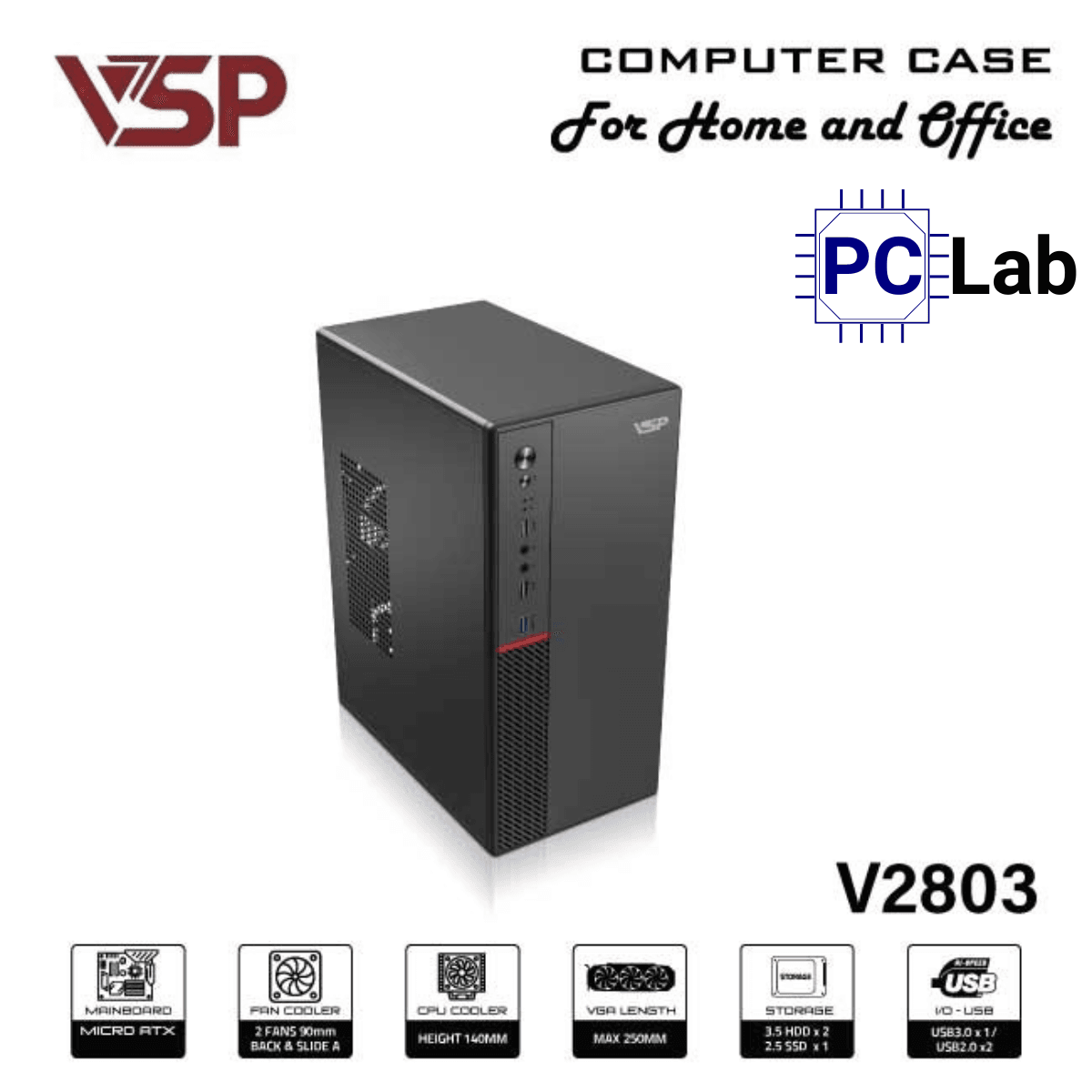 Vỏ case PC máy tính VSP V2803 (M-ATX, Mid Tower, Đen)
