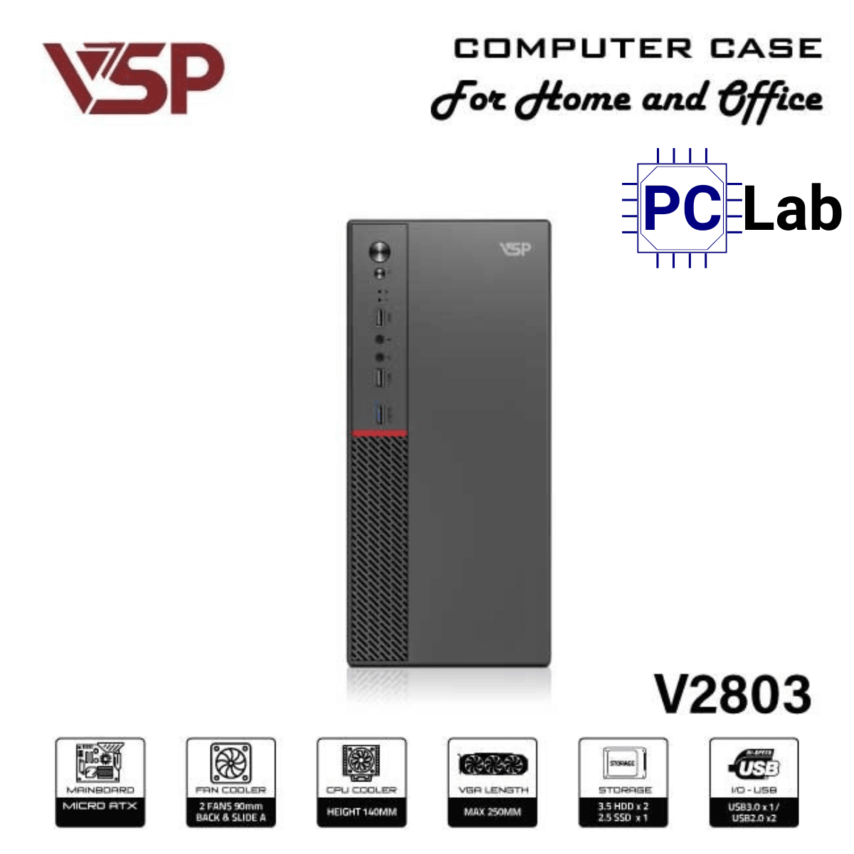 Vỏ case PC máy tính VSP V2803 (M-ATX, Mid Tower, Đen)