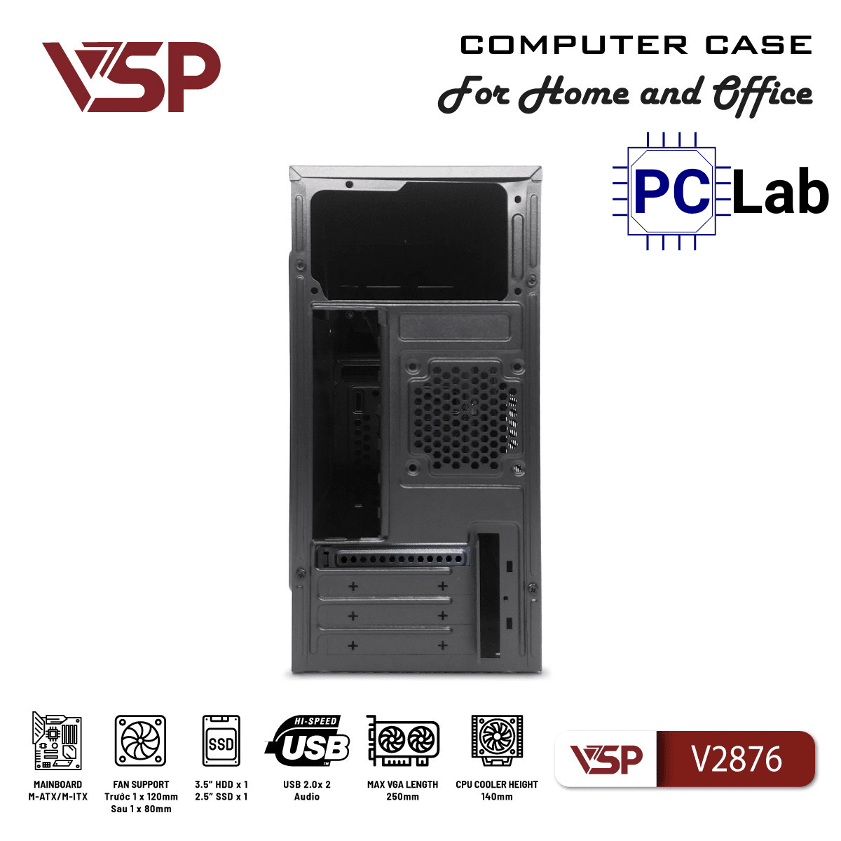 Vỏ case PC máy tính VSP V2876 (M-ATX, Mid Tower, Đen)