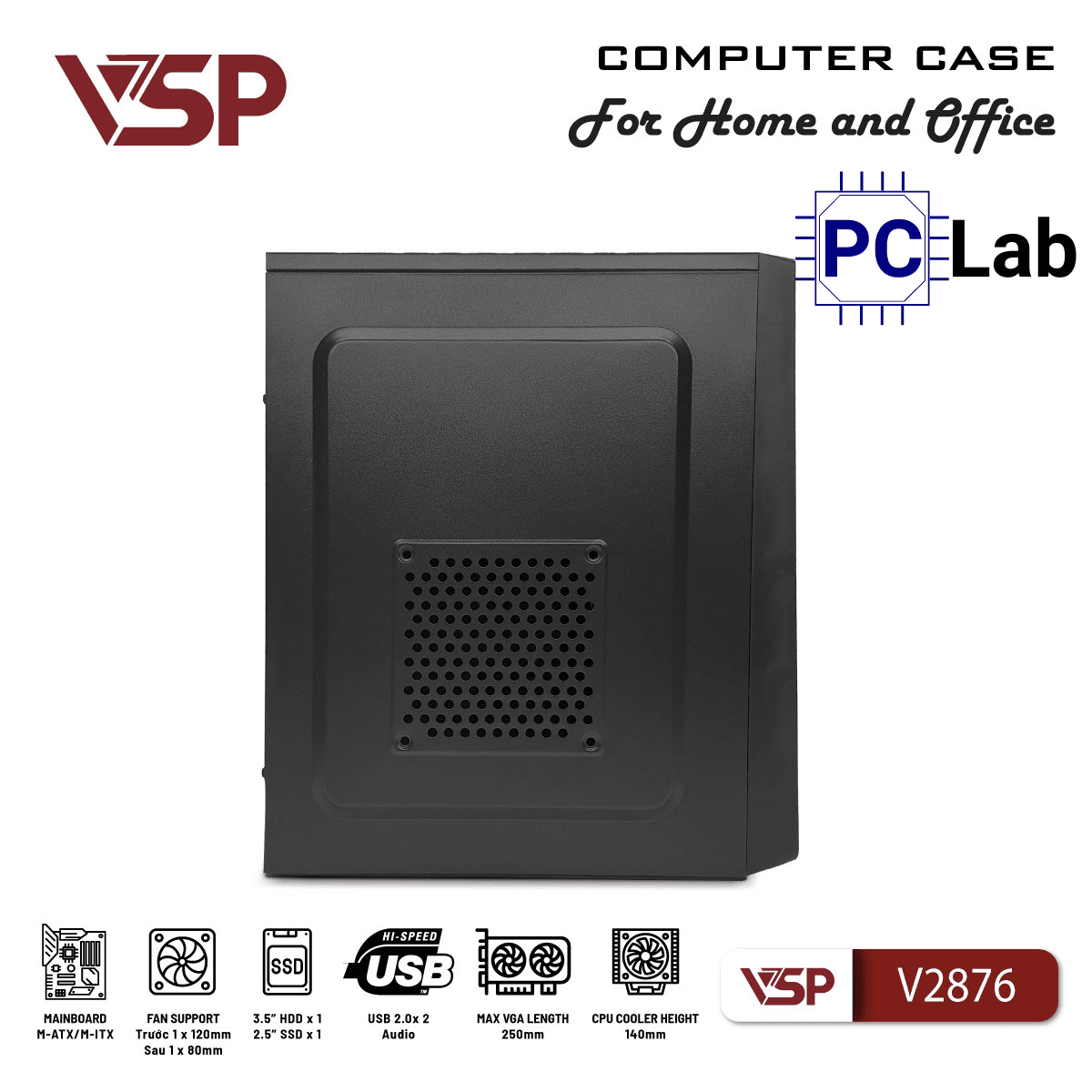 Vỏ case PC máy tính VSP V2876 (M-ATX, Mid Tower, Đen)