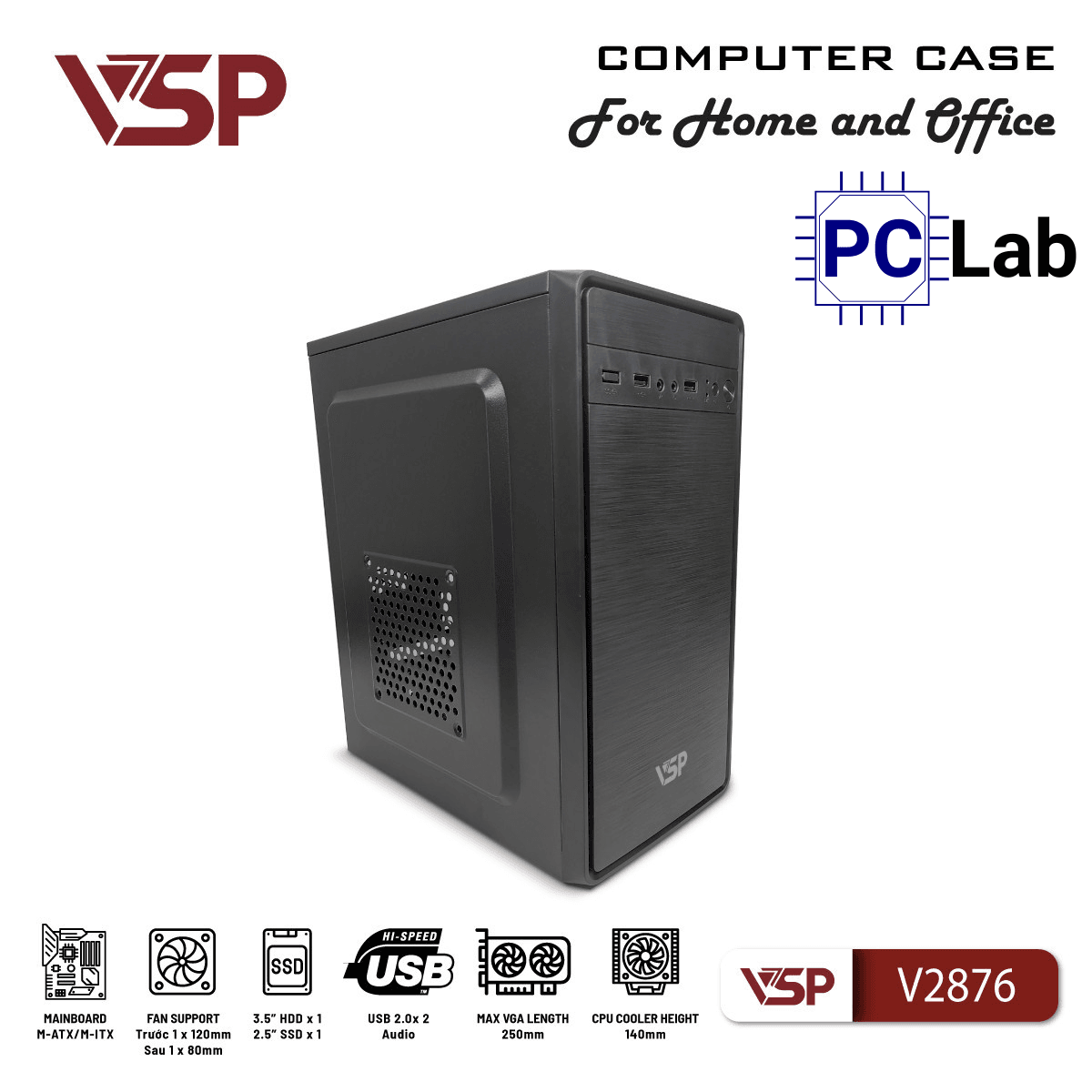 Vỏ case PC máy tính VSP V2876 (M-ATX, Mid Tower, Đen)