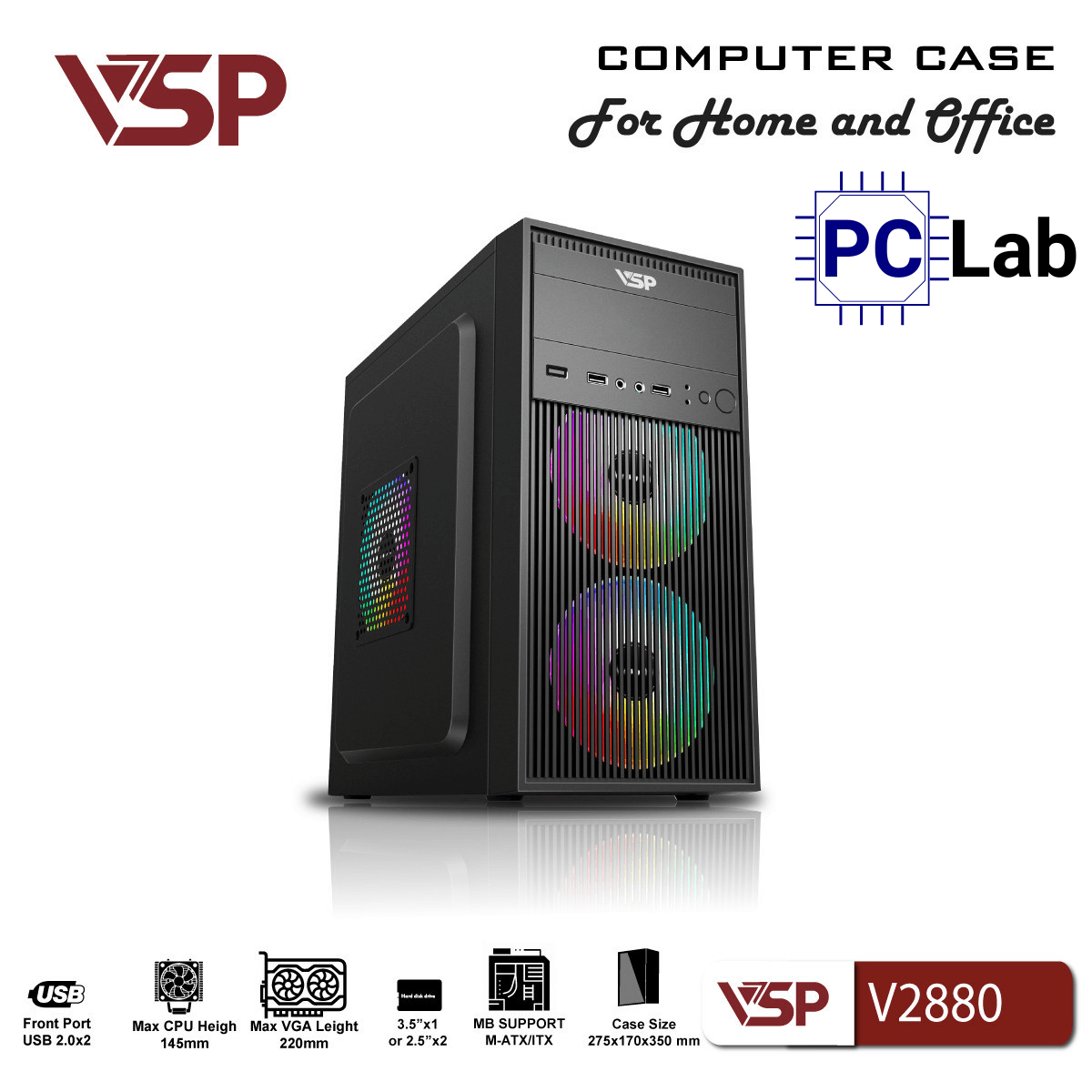 Vỏ case PC máy tính VSP V2880 (M-ATX, Mid Tower, Đen)