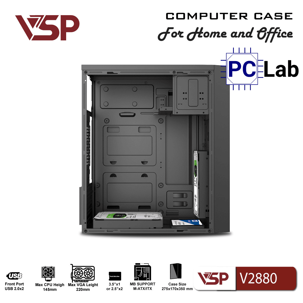 Vỏ case PC máy tính VSP V2880 (M-ATX, Mid Tower, Đen)