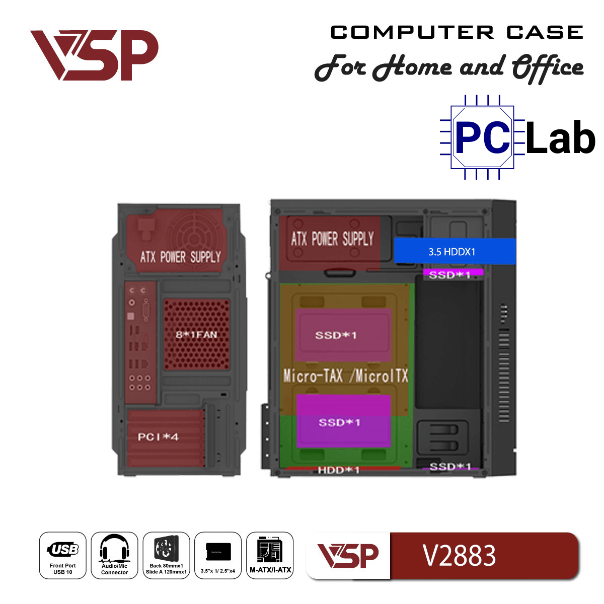 Vỏ case PC máy tính VSP V2883 (M-ATX, Mid Tower, Đen)