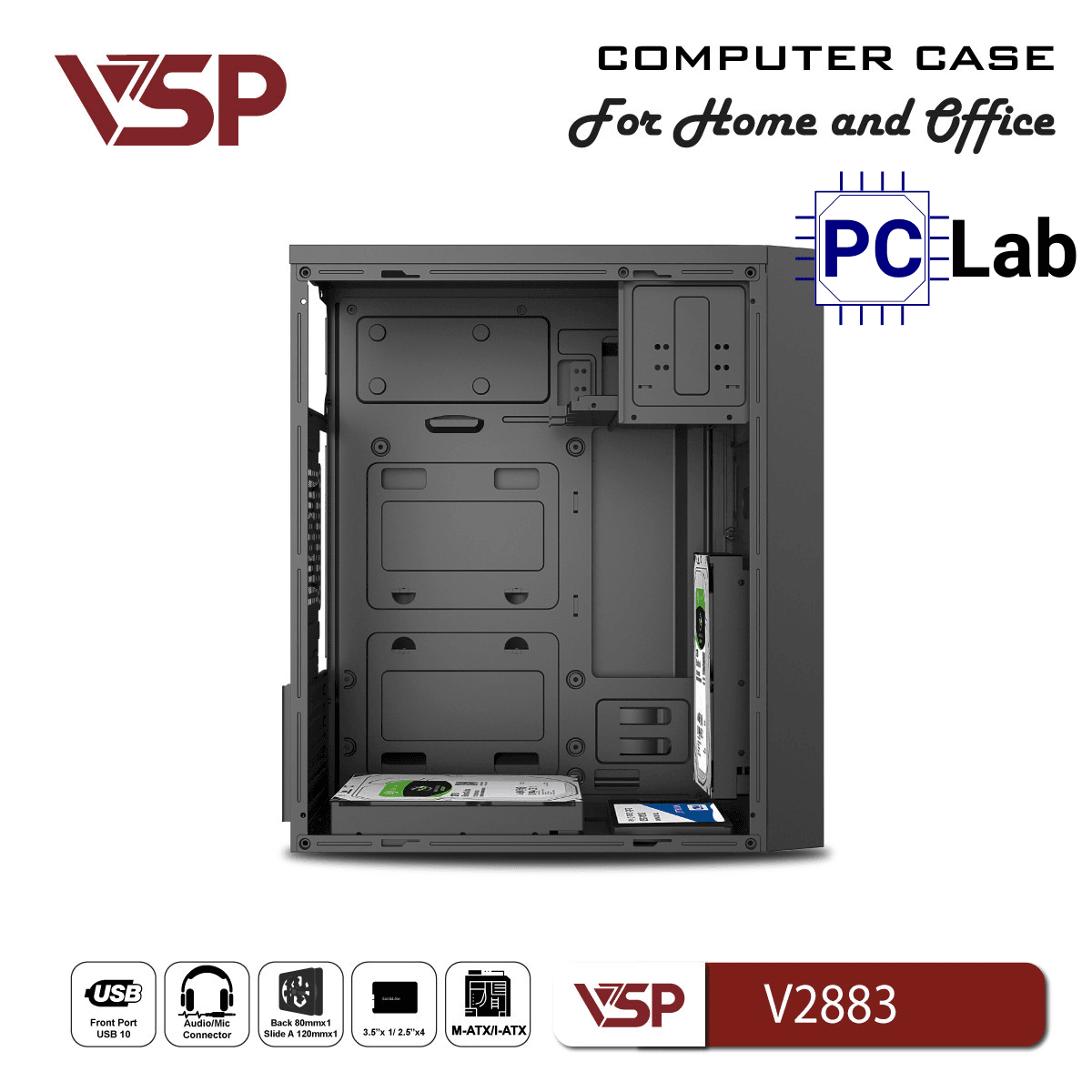 Vỏ case PC máy tính VSP V2883 (M-ATX, Mid Tower, Đen)