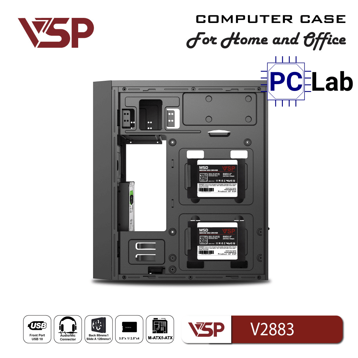 Vỏ case PC máy tính VSP V2883 (M-ATX, Mid Tower, Đen)