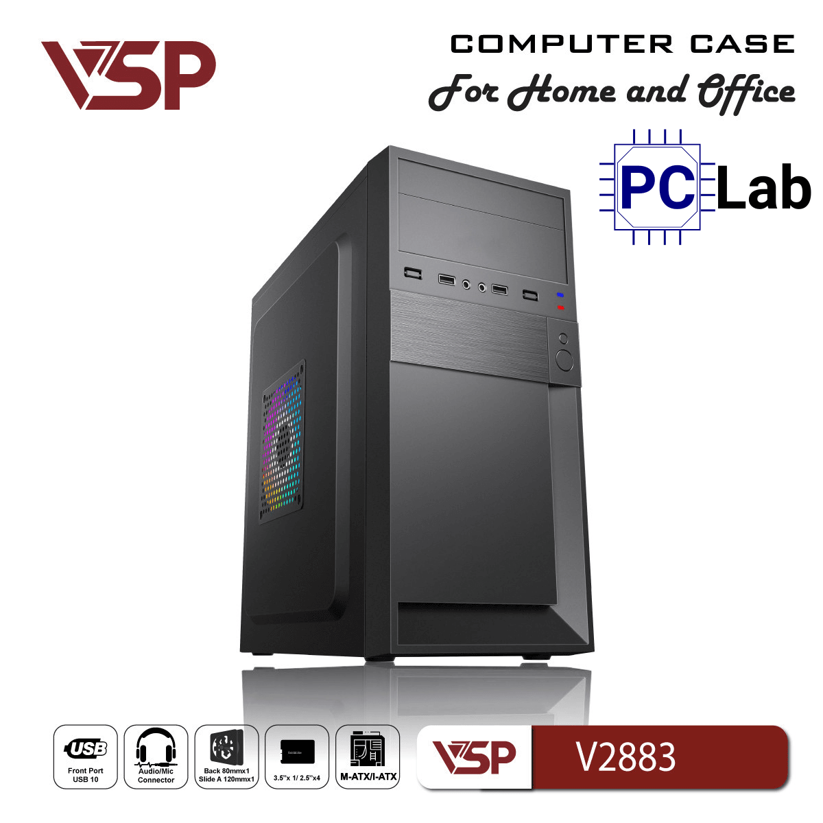 Vỏ case PC máy tính VSP V2883 (M-ATX, Mid Tower, Đen)