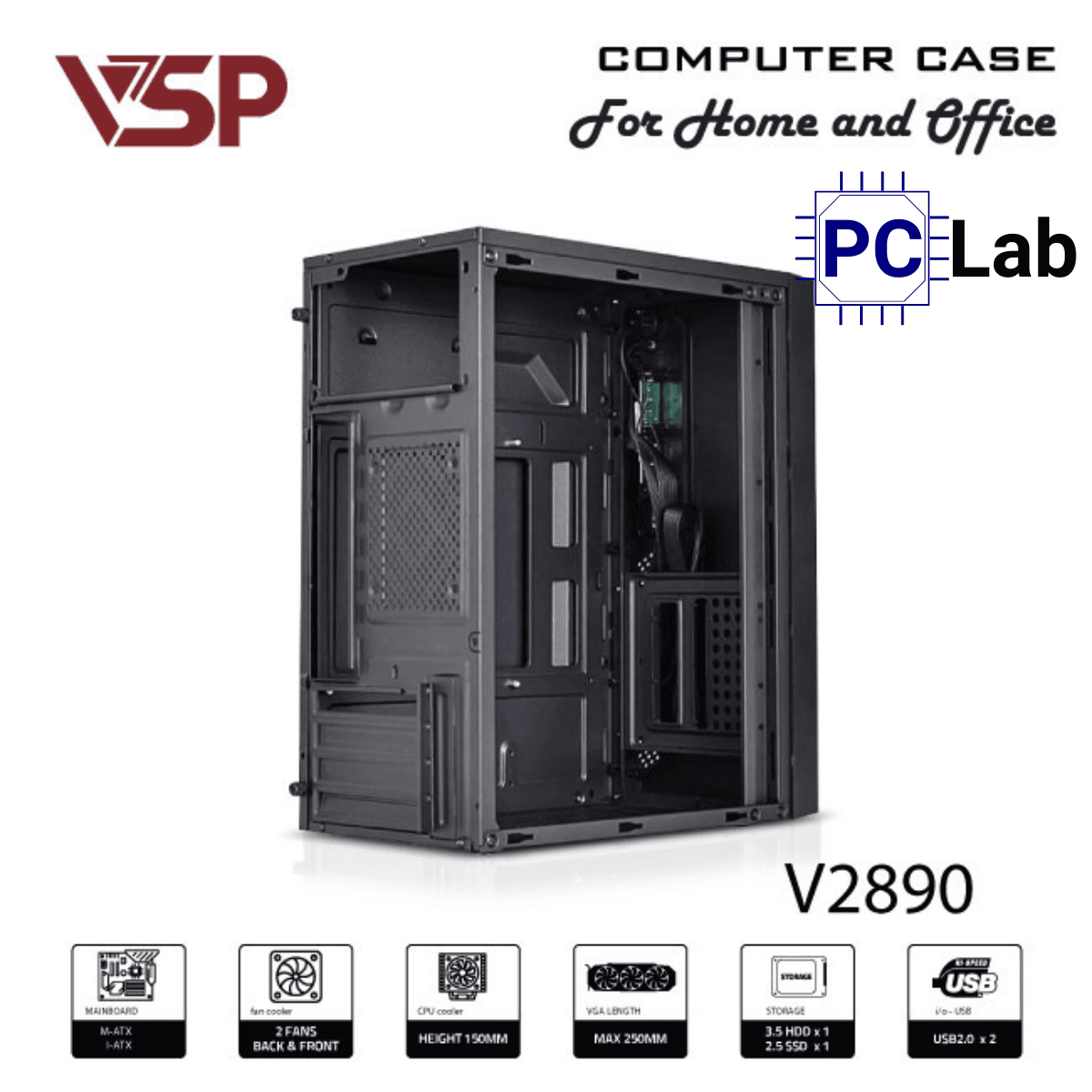 Vỏ case PC máy tính VSP V2890 (M-ATX, Mid Tower, Đen)