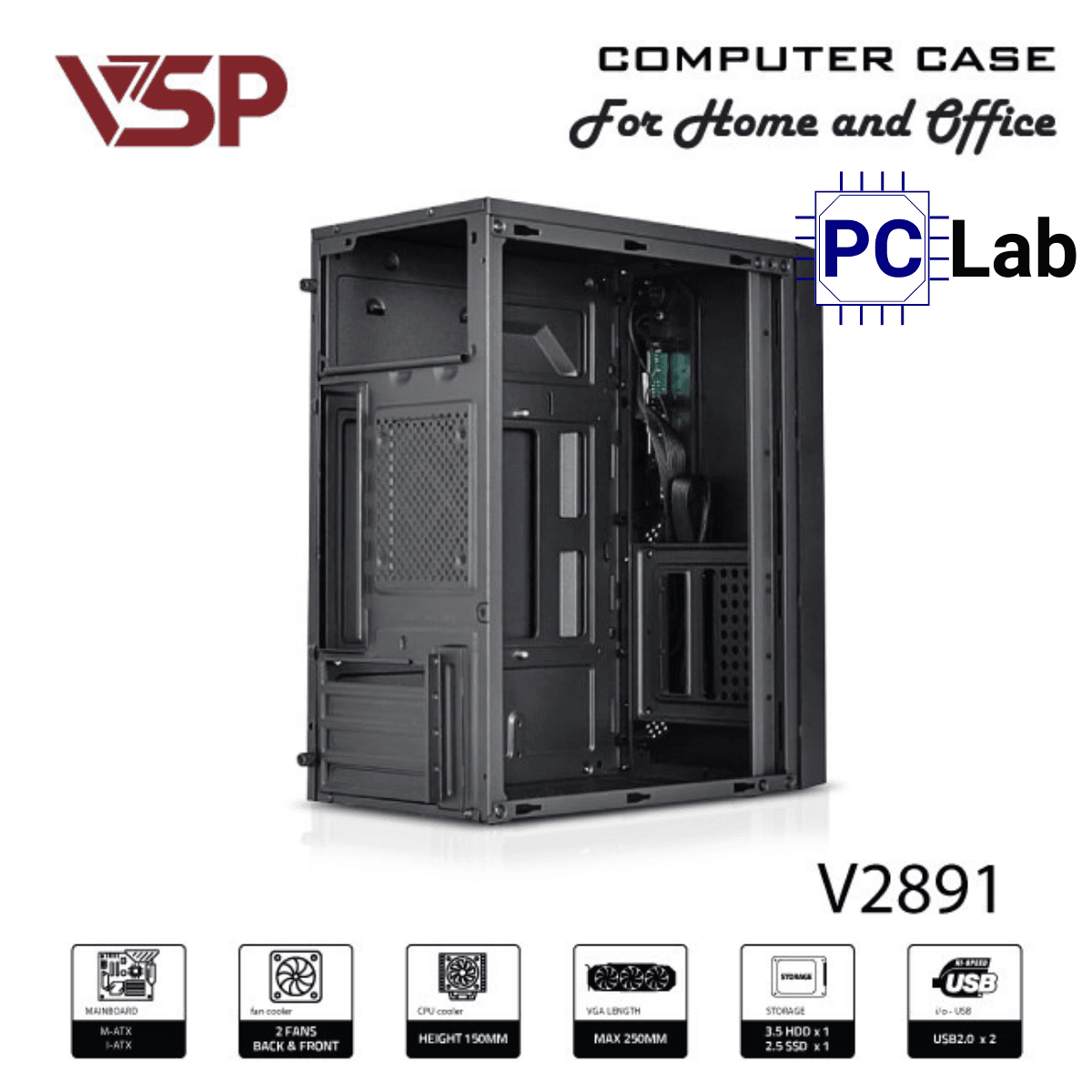 Vỏ case PC máy tính VSP V2891 (M-ATX, Mid Tower, Đen)