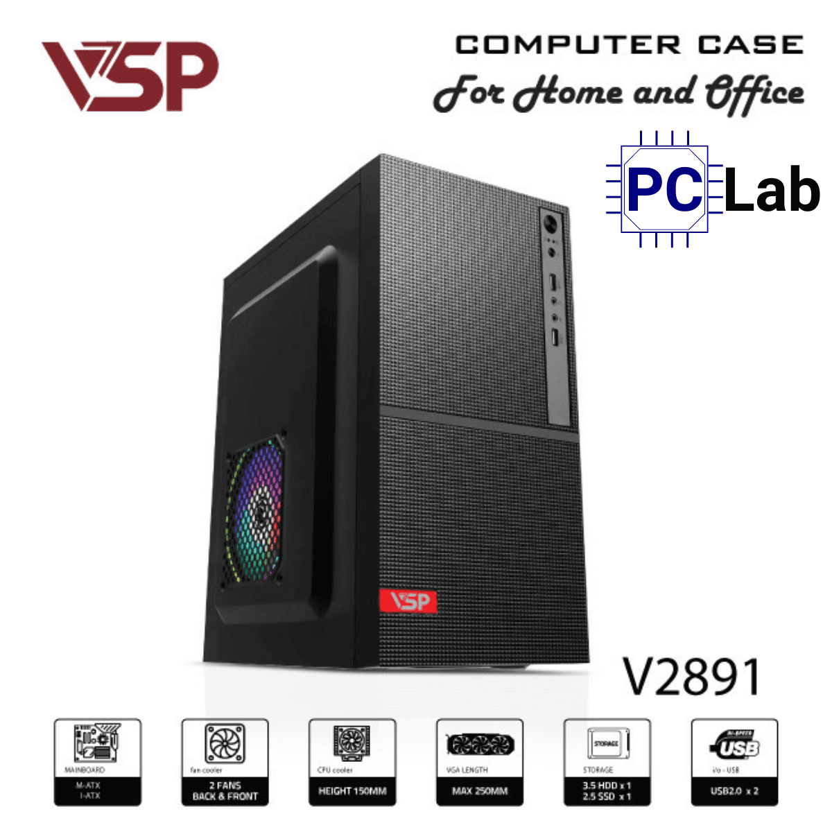 Vỏ case PC máy tính VSP V2891 (M-ATX, Mid Tower, Đen)