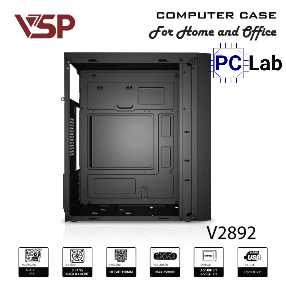 Vỏ case PC máy tính VSP V2892 (M-ATX, Mid Tower, Đen)